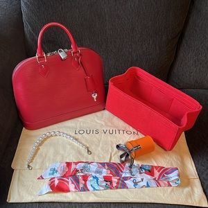 Louis Vuitton Alma PM Red Epi Leather Hermes Twilly and Pearl Strap Bundle